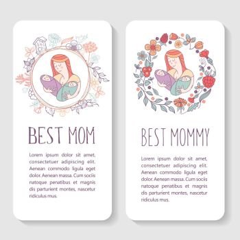 Greeting card mother’s day. The best mom. A pretty mother holds . Greeting card mother’s day. The best mom. A pretty mother holds cute baby. Linear illustration. Vector emblem. The floral pattern.