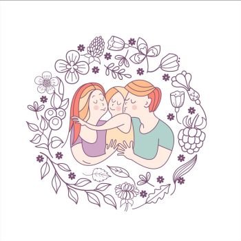 Family day. Happy family.  Vector illustration.. Happy family. Vector illustration for the international family day. Happy parents and their children. Framed by a floral wreath.
