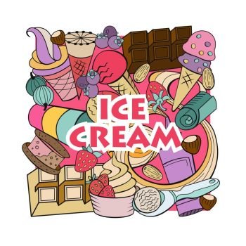 Miscellaneous ice cream with fruit and topping. Hand drawn vecto. Hand drawn ice cream. Miscellaneous ice cream with topping, nuts, berries, chocolate and cookies. Vector Doodle illustration.