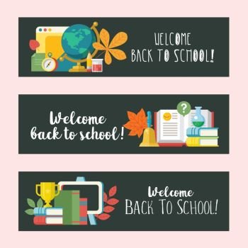Welcome back to school. Education, school. Vector emblem, logo.. Welcome back to school. Vector emblem, clipart on the theme of school and education. Colorful illustration in flat style. A set of individual vector elements.