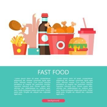 Fast food. Delicious food. Vector illustration in flat style.. Fast food. Delicious food. Vector illustration in flat style. A set of popular fast food dishes. Hamburger, drink, milkshake, French fries, bucket of fried chicken legs.