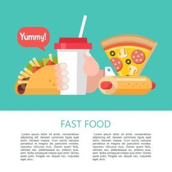 Fast food. Delicious food. Vector illustration in flat style.. Pizza, tacos with meat and vegetables, hot dog and milkshake. Fast food. Delicious food. Vector illustration in flat style. A set of popular fast food dishes. Illustration with space for text.