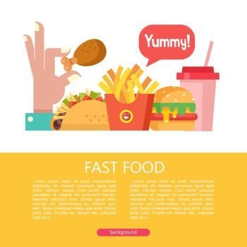 Fast food. Delicious food. Vector illustration in flat style.. Fast food. Delicious food. Vector illustration in flat style. A set of popular fast food dishes. Hot dog, hamburger, tacos, sausage, fried chicken. Mustard and ketchup. Drink and milkshake Tacos, French fries, hamburger and milkshake. Hand holding chicken fried leg. Illustration with space for text.