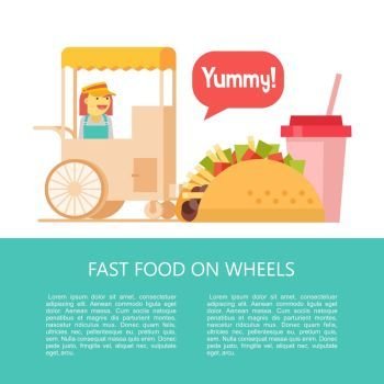 Fast food. Delicious food. Vector illustration in flat style.. Stall sells tacos and milkshake on the street. Fast food. Delicious food. Vector illustration in flat style. A set of popular fast food dishes. Illustration with space for text.
