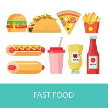 Fast food. Delicious food. Vector illustration in flat style.. Fast food. Delicious food. Vector illustration in flat style. A set of popular fast food dishes. Hamburger, tacos, hot dog, milkshake, pizza, French fries, mustard and ketchup.