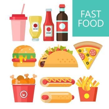 Fast food. Delicious food. Vector illustration in flat style.. Fast food. Delicious food. Vector illustration in flat style. A set of popular fast food dishes. Hot dog, hamburger, tacos, sausage, pizza, fried chicken. Mustard and ketchup. Drink and milkshake.