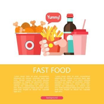 Fast food. Delicious food. Vector illustration in flat style.. Fast food. Delicious food. Vector illustration in flat style. A set of popular fast food dishes. Bucket with fried chicken legs, French fries, drink and milkshake.