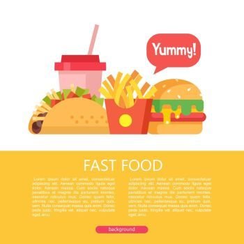 Fast food. Delicious food. Vector illustration in flat style.. Fast food. Delicious food. Vector illustration in flat style. A set of popular fast food dishes. Tacos, French fries, hamburger and milkshake. Illustration with space for text.