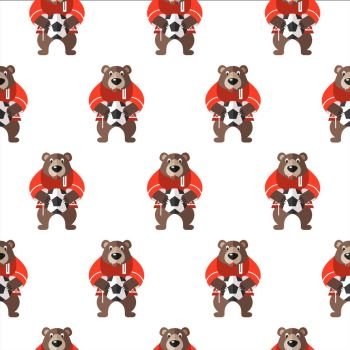 Seamless pattern. Russian souvenir. Vector illustration.. Russian bear with a soccer ball dressed in Russian shirts.  Seamless pattern for the world Cup in Russia.