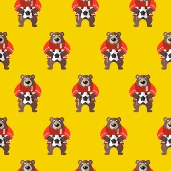 Seamless pattern. Russian souvenir. Vector illustration.. Russian bear with a soccer ball dressed in Russian shirts.  Seamless pattern for the world Cup in Russia.