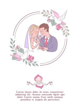 Wedding invitation. Lovely wedding card with the bride and groom. Wedding invitation. Happy weddings. Beautiful wedding card with bride and groom exchanging wedding rings.Vector illustration with space for text decorated with delicate wedding flowers.