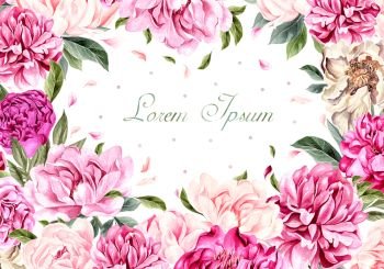 Beautiful watercolor card with peony flowers. . Beautiful watercolor card with peony flowers. Illustration