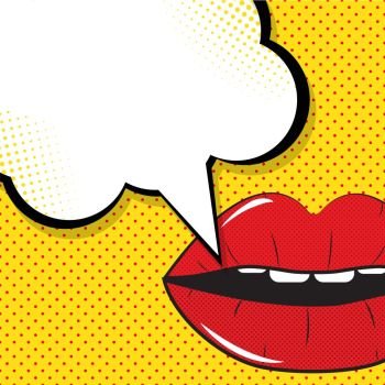 Open Red Lips with Speech Bubble Pop Art Background On Dot Background Vector Illustration EPS10. Open Red Lips with Speech Bubble Pop Art Background On Dot Backg