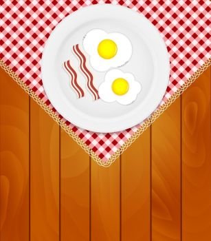 White Plate with Fried Eggs on Kitchen Napkin at Wooden Boards Background Vector Illustration EPS10. o2016-04-14-03