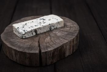 white cheese with green mold on tree trunk wood