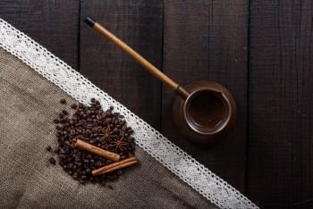 black coffee in turk with cinnamon and star anise
