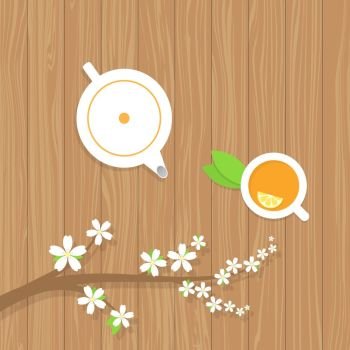 Tea teapot and a branch of the cherry blossoms on a wooden table. . Tea teapot and a branch of the cherry blossoms on a wooden table. Vector illustration .