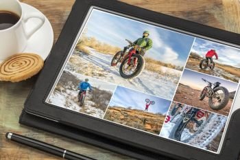 Reviewing pictures of winter fat bike riding featuring a senior male on a digital tablet with a cup of coffee. All screen pictures copyright by the photographer with the same model (self).