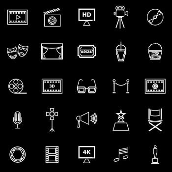 Movie line icons on black background, stock vector