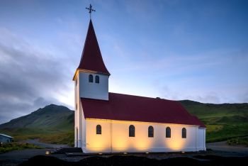 Vik i Myrdal Church in the evening, Europe, Iceland, landscape