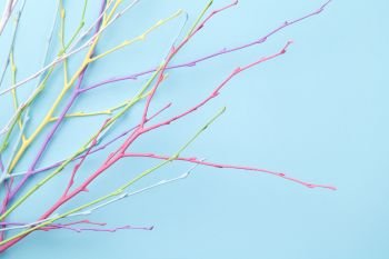 Spring, easter pastel background with colorful twigs. Copy space. Top view