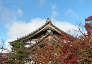 Japanese Buddhist temple roof of Eikando or Zenrin-ji Temple in autumn season, Kyoto, Japan