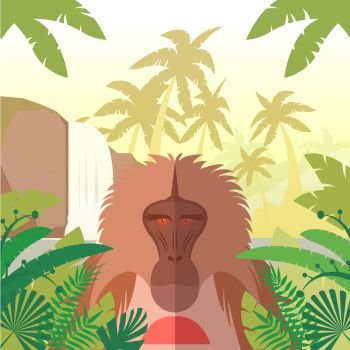 Baboon on the Jungle Background. Flat vector image of the Baboon on the Jungle Background