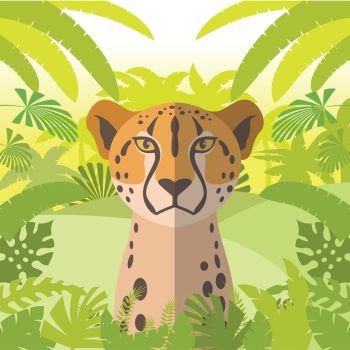 Cheetah on the Jungle Background. Flat Vector image of the Cheetah on the Jungle Background
