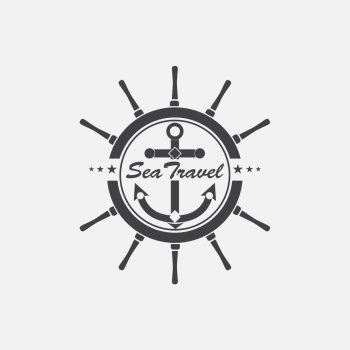 Logo sea travel. Marine steering wheel and a anchor in the center. The emblem on the marine theme.