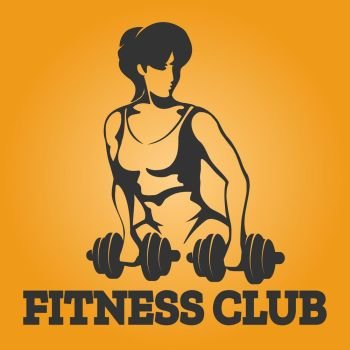 Athletic woman exercises with dumbbell. Fitness club design element. Vector illustration.