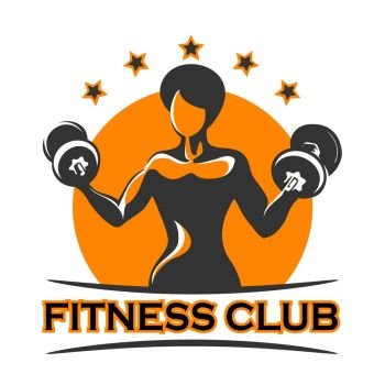 Bodybuilder or Fitness logo template. Athletic Woman Holding Weight Silhouette with wording fitness club and stars. Vector illustration.