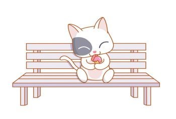 cute cartoon cat sitting and eating ice cream 