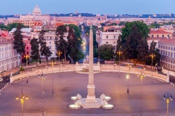 Rome. Piazza del Popolo.. A view of the famous Piazza del Popolo at dawn. Rome. Italy.