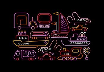 Neon colors on a black background Different Modes of Transportation vector design. 