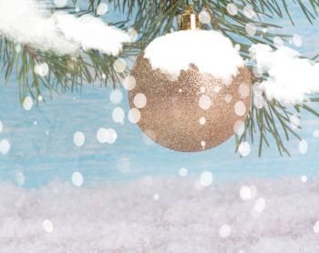 New Year background with a Christmas ball hanging on a snow-covered branch
