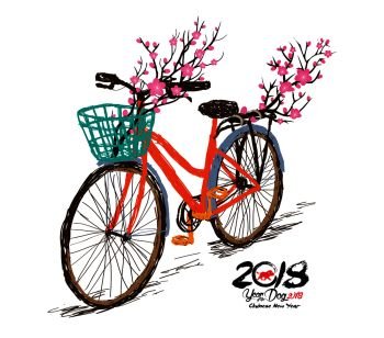 Chinese new year. Hand drawn tintage bicycle with sakura blossom in rear basket. Year of the dog 2018