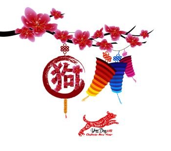 Classic Chinese new year blossom and lantern background. Year of the dog. Chinese character hieroglyph: Dog