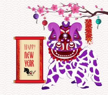 Lion dancing head and chinese new year with firecracker with scroll 