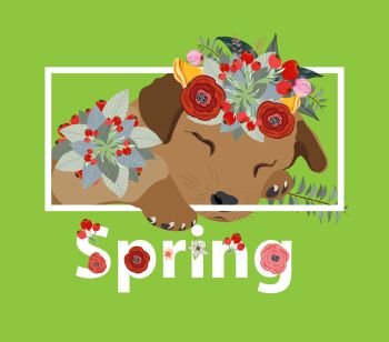 Floral spring background with dog and white text