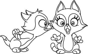 Outlined illustration of a cute kitten kissing his surprised girlfriend. Vector line art illustration coloring page.