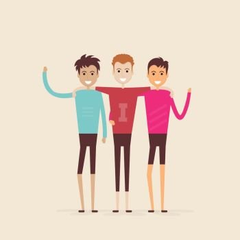 Adult guys,Men,Three best friends.Happy smiling young men friends.Happy best friends meeting.Happy triple icon.Happy friends tree man,Friendly hug and Friendship concept.Vector illustration.