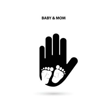 Big hand and small feet icon.Idea of the sign for the association of care.Feet in hand concept.Baby feet and Mom hand.Vector illustration 