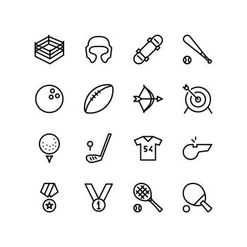 Boxing ring, training and sports equipment icon set