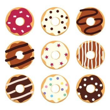 vector modern flat style icons of glazed colorful donuts with glaze, chocolate and sprinkles, isolated doughnuts on white background. simple donut icon design, glazed doughnut top view