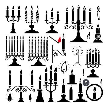 vector black and white silhouettes of candlesticks and candles