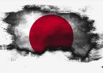 Japan flag painted with brush on white background, 3D rendering. Brown wooden texture.