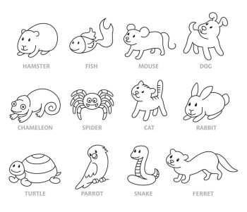 Pet shop, set types of pets, cartoon illustrations animals in line style. Logo, pictogram, infographic elements
