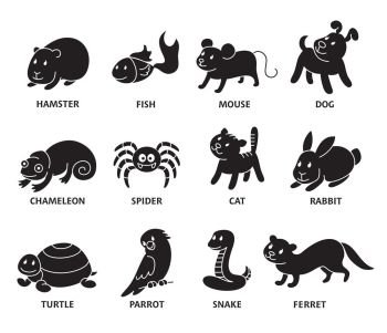 Pet shop, set sikhouette types of pets, cartoon illustrations animals in line style. Logo, pictogram, infographic elements