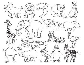 Wild animals black and white graphic in the line style