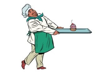 African Chef cook brings a tray of dessert cupcake. Pop art retro comic book vector illustration. African Chef cook brings a tray of dessert cupcake